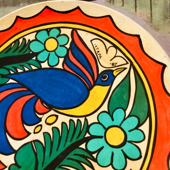 Mestizo Folk Art Tonala Mexican Hand painted Platter Florals Bird Ixtapa 1987 - Picture 3 of 14